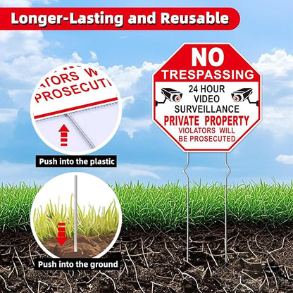 NO Trespassing Signs Private Property Video Surveillance Sign, Large 4-Pack 10"x10" Double-Sided Signs, Corrugated Plastic, Metal Stakes, Outdoor Yard Sign for Home and Front Door Land, and Garden, Lawn