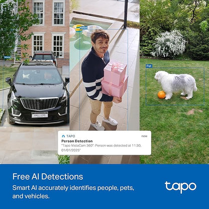 Tapo 4K Outdoor Camera Wireless, Battery Camera w/Solar Panel, Pan/Tilt, 360° View, 24/7 Capture, Free Person/Vehicle Detect, Night Vision, SD/Cloud, Works w/Alexa and Google Assistant, VistaCam 360