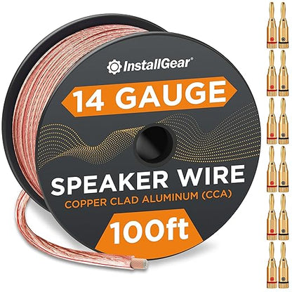 InstallGear 14 Gauge Wire AWG Speaker Wire with 12 Banana Plugs (100ft - Clear) - Speaker Cable for Car Speakers Stereos, Home Theater Speakers, Automotive Wire, Outdoor - Speaker Wire 14 Gauge