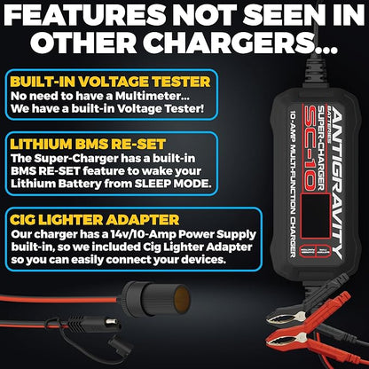 Antigravity SC-10 Super-Charger 10A Smart Battery Charger & Maintainer for 6V/12V Lithium (LiFePO4) & Lead-Acid Batteries – LCD Display, Power Supply Mode, BMS Reset