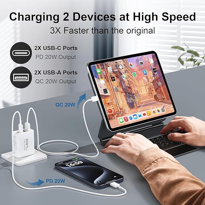 USB C Fast Wall Charger Block, 2Pack 40W USBC Charging Cubes, 4-Port PD+QC Power Adapter Multiport Brick Type C Box Plug for Phone 16/15/14/13/12/11/Pro Max/Plus, Pad Mini/Pro/S25/S24