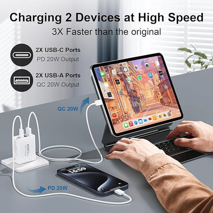 USB C Fast Wall Charger Block, 2Pack 40W USBC Charging Cubes, 4-Port PD+QC Power Adapter Multiport Brick Type C Box Plug for Phone 16/15/14/13/12/11/Pro Max/Plus, Pad Mini/Pro/S25/S24