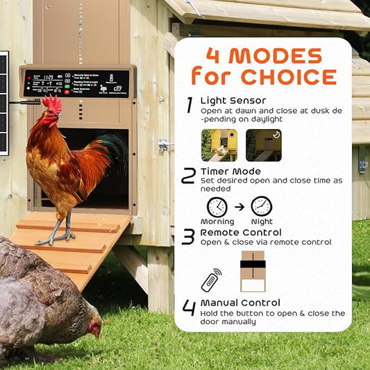 Asfrost Automatic Chicken Coop Door Solar Powered Automatic Chicken Door with Timer & Light Sensor, Anti-Pinch, Durable Aluminum Auto Chicken Door, Charge with 7W Solar Panel & USB - Brown