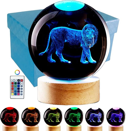 3D Crystal Ball Lamp with Lifelike LED Lion, 16 Color Changing Light, Dimmable Remote Control