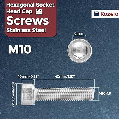 Kozelo 10pcs Socket Head Cap Screws - [M10-1.5 x 40mm] 304 Stainless Steel Allen Socket Drive for Electrical Motor 3D Printing Fan Engine Replacement Use, Silver
