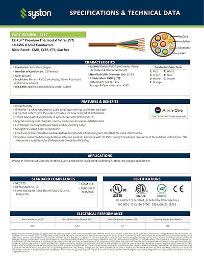 Syston 18/8 Thermostat Doorbell HVAC Heating Control Cable Wire, 100% Solid Copper Conductors CL3R/FT4/CMR Riser-Rated UL/ETL Listed, UV Resistant RoHS for Indoor/Outdoor Low Voltage Applications Use
