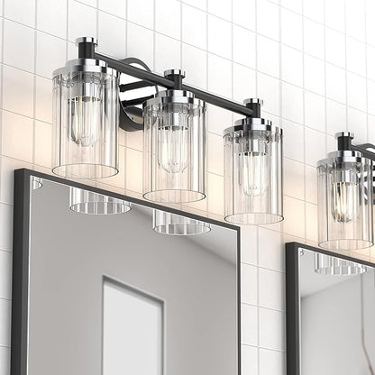 PHIXART Bathroom Lighting Fixtures Black and Chrome Bathroom Vanity Light with Cylindrical Clear Stripes Glass Lampshade E26 Socket Base Bathroom Lighting Fixtures Over Mirror (3 Lights)