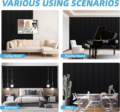 Art3d 4-Piece 94 x 12.6 Inch Acoustic Lightweight Slat Wall Panel - Waterproof Wood Textured Wainscoting Panel of 33 Sq.Ft for Bedroom, Home Theater Office Accent Wall, Matte Black
