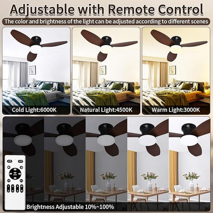 Glowall Small Ceiling Fan with Lights and Remote, 32" Flush Mount, Small Quiet, DC Motor, Reversible Blades, 6 Wind Speeds, Dimmable LED, Adjustable Color Temperature, Timer