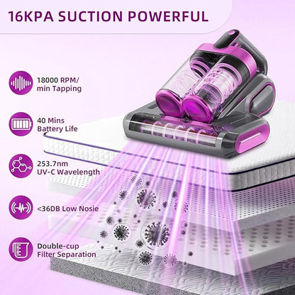 BESTING Mattress Vacuum Cordless with 16Kpa Suction & HEPA Dust Cups, 253.7nm UV-C Light & Ultrasonic, Low Noise Widened Suction Port Handheld Vacuum for Bed Pillows Couch Car Seat Rugs, Gray Purple