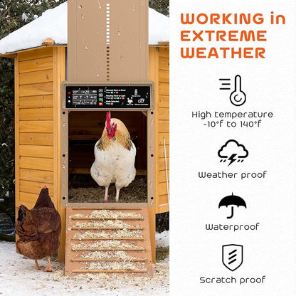Asfrost Automatic Chicken Coop Door Solar Powered Automatic Chicken Door with Timer & Light Sensor, Anti-Pinch, Durable Aluminum Auto Chicken Door, Charge with 7W Solar Panel & USB - Brown