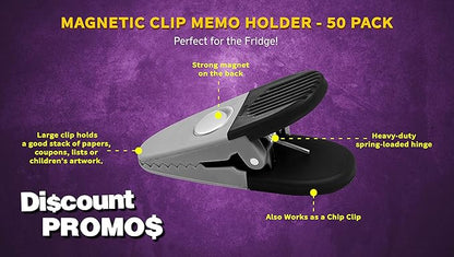 50 Magnetic Memo Holders Set - Customizable Text, Logo - Large Clip, Plastic - Silver Black