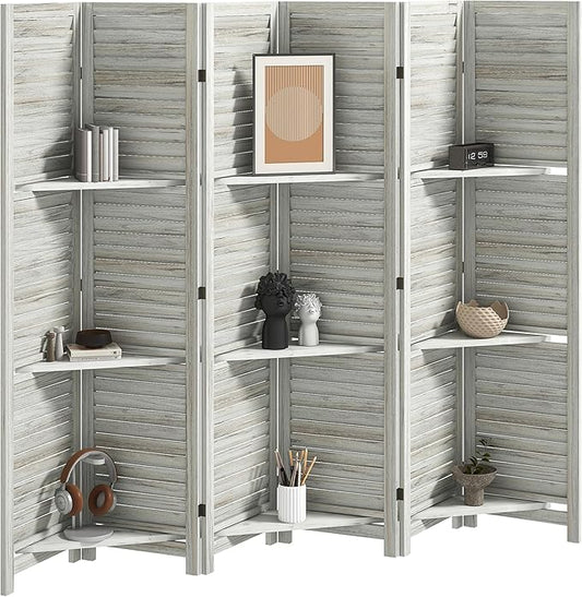 HOMCOM Room Divider, 6 Panel 67" Tall Wood Privacy Screen with 3 Display Shelves, and Folding Storage for Bedroom or Home Office, Distressed White