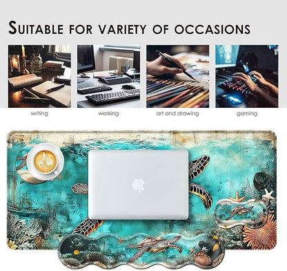 BFUKVOU Large Keyboard Mouse Pad Set, Extended Mouse Pad+Keyboard Wrist Rest Support, Memory Foam Ergonomic Easy Typing, 4Pcs (31.5×11.8 in) Desk Pad Set for Office Home,Watercolor Sea Turtle
