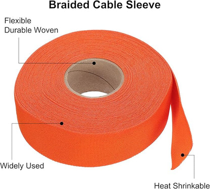 MECCANIXITY Braided Cable Sleeves Heat Shrinkable Fabric Sleeving, 1 1/4" 60ft Orange 2:1 Ratio Heat Shrinkable Cord Protector for Harness Cable, Network Cable Protection, Cable Management