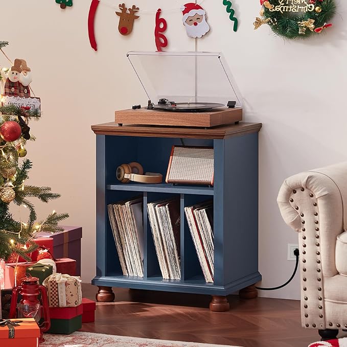 Joaxswe Record Player Stand with Charging Station Up to 200 Albums, 24" Wide Mid-Century Record Player Table with Vinyl Record Storage,Large Wood Turntable Stand Dispaly Cabinet for Living Room,Blue
