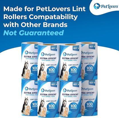 PetLovers Extra Sticky Lint Roller Mega Value Set for Pet Hair Removal, Dog and Cat Lint Remover (8 Pack Refills)