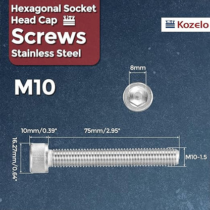 Kozelo 5pcs Socket Head Cap Screws - [M10-1.5 x 75mm] 304 Stainless Steel Allen Socket Drive for Electrical Motor 3D Printing Fan Engine Replacement Use, Silver