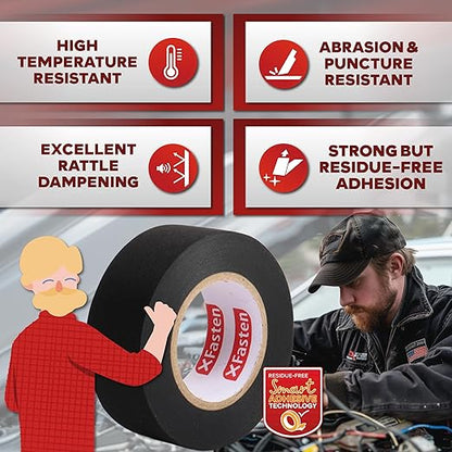 XFasten Wire Harness Tape, 3/4-Inch x 50-Foot (3-Pack), High Temp Wiring Loom Harness, Self-Adhesive Felt Cloth Electrical Tape for Automotive Engines, Noise Dampening, and Cable Protection