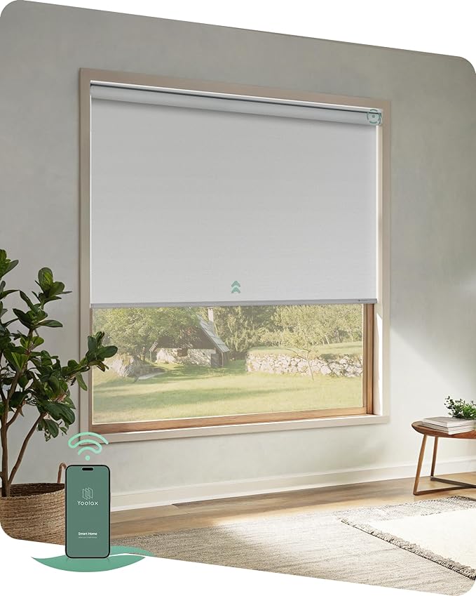 Yoolax Motorized Blinds App Control, Blackout Roller Shades for Windows, Cordless Automatic Shades Roller Window Blinds for Bedroom Living Room Office (Blackout Alpine White, 31" W x 72" H)