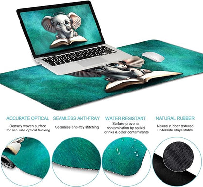 LIMKRIAN Desk Mat Pad, Large Gaming Mouse Pad with Wrist Rest Wrist Support, Ergonomic Mouse Pad Keyboard Mat Wrist Rest, Cup Coaster, Home Office Desk Accessories Decor Supplies, Cute Elephant