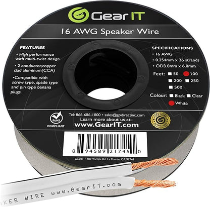 16AWG Speaker Wire, GearIT Pro Series 16 Gauge Speaker Wire Cable (100 Feet / 30.48 Meters) Great Use for Home Theater Speakers and Car Speakers, White
