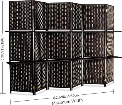 Bonnlo Upgraded Heavy Duty 6FT Tall Rattan Room Divider Screens with Partition Wall 2 Display Shelves, Indoor Folding Screen Dual-Sided Hinges for Home Office (6 Panels)