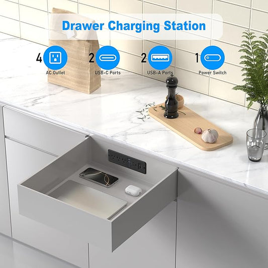65W USB C Recessed Power Strip, Flush Mount Desktop Recessed Outlet with 4AC & 2 PD GaN USB C & 2 USB-A Ports, Furniture Hidden Drawer Fast Charging Station for Home Office