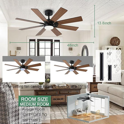 KNUN 48 Inch Ceiling Fans with Lights and Remote/APP Control, Low Profile Ceiling Fan, 8 Blades，LED Dimmable, Reversible DC Motor, Noiseless Brown Ceiling Fans for Bedroom Indoor/Outdoor Use
