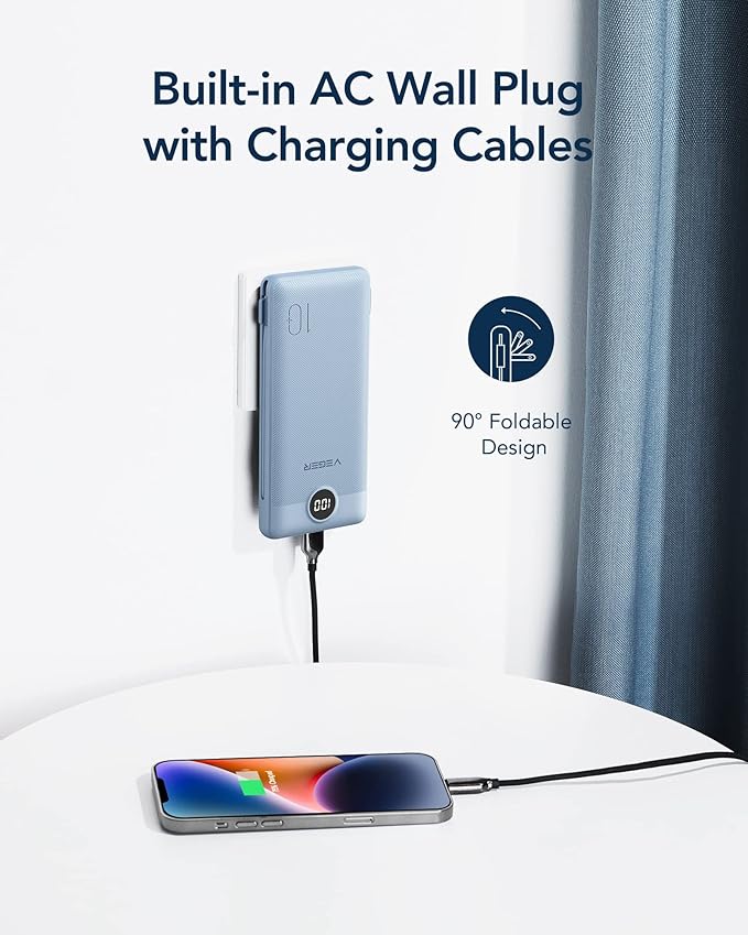 VEGER Portable Charger for iPhone Built in Cables and Wall Plug, 10000mah Slim Fast Charging USB C Power Bank, Travel Essential Battery Pack Compatible with iPhones, iPad, Samsung More Devices(Blue)
