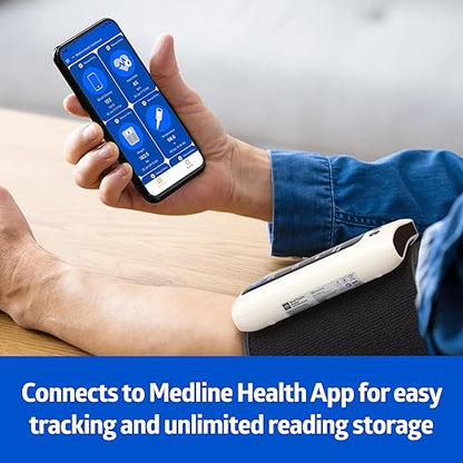 Medline Bluetooth Blood Pressure Monitor, Attached Universal Upper Arm Cuff, Digital LCD Display, Medline Health App Integration, Store Up to 120 Readings, Charger Cable and Carrying Case Included