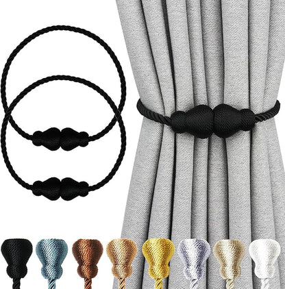 Nieffeiy Magnetic Curtain Tiebacks Outdoor Curtain Tie Backs Rope Decorative Magnetic Curtain Holders for Drapes Window Treatment Holdbacks, Black 2Pack