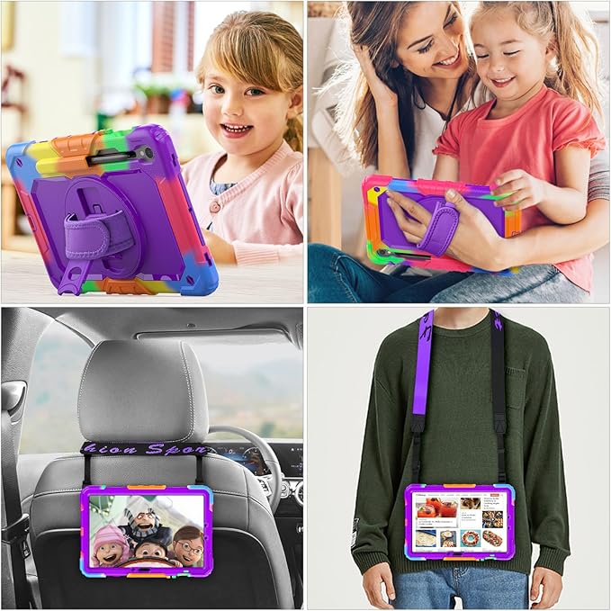 SEYMAC stock Case for Samsung Galaxy Tab S10 FE / S9 / S9 FE 5G Tablet Case Protective with Screen Protector, Pencil Holder, 360 Rotate Stand, Hand Strap, Shoulder Strap, Purple