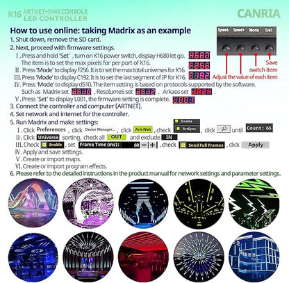 CANRIA K16 ARTNET+DMX CONSOLE LED CONTROLLER, Professional Lighting Control, Suitable for SPI TTL, Online Offline, Addressable Programmable, Perfect for Concerts, DJ Performances, Weddings, Event, etc