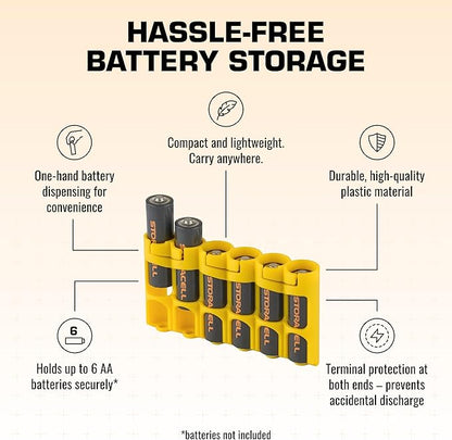 Storacell Slimline AA-6 Battery Storage Caddy and Dispenser (Pack of 2), Yellow, Holds 6 AA Batteries (Not Included), Durable & Compact Design, The Original Battery Caddy, Made in The USA