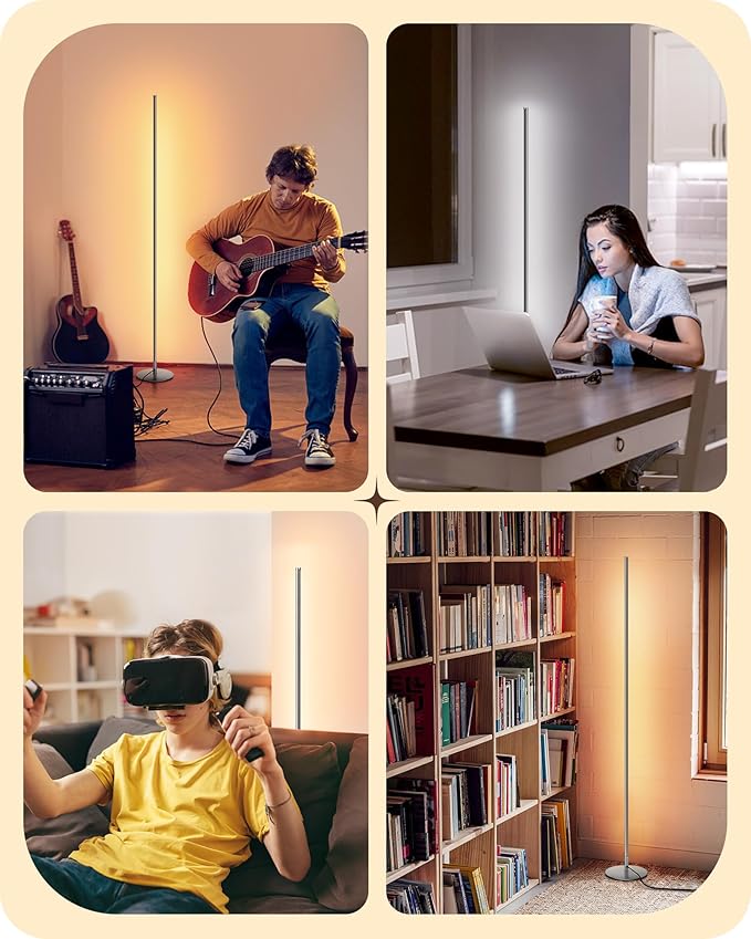 EDISHINE LED Corner Lamp, Set of 2 Minimalist Dimmable Light with Remote, 57.5" Tall Slim Sleek Floor Lamps for Living Room, Bedroom, Office, 7 Color Temperature 2700-6000K, (Silver)