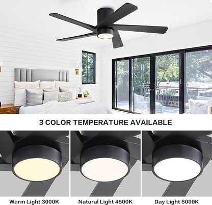 WINGBO 54 Inch Flush Mount DC Ceiling Fan with Lights and Remote, 5 Reversible Carved Wood Blades, 6-Speed Noiseless DC Motor, Hugger Ceiling Fan in Black Finish, Low Profile Ceiling Fans, ETL Listed