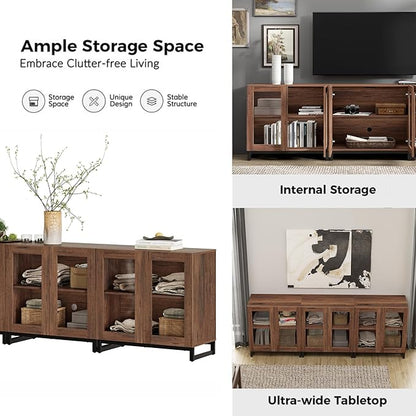 WAMPAT Modern TV Stand with Glass Doors for 110 inch TVs, Farmhouse Entertainment Center TV Console with Adjustable Shelves for Living Room, Bedroom, Brown