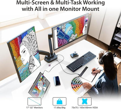 j5create Dual Monitor Mount with 10-in-1 Docking Station, Fully Adjustable Monitor Desk Stand for 2 Screens up to 32 inch, Conveniently Set Optimal Angle and Maximize Productivity (JTSA302)
