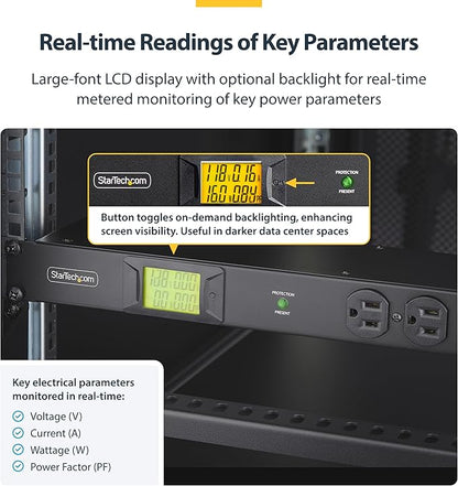 StarTech.com 16-Outlet Horizontal Rack Mount Metered PDU, 1U Server Power Strip w/Surge Protector, 8ft/2.4m Power Cable, TAA