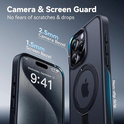 CASEKOO Designed for iPhone 15 Pro Max Case with Magnetic Invisible Stand [Military Drop Protection] [Compatible with MagSafe] Shockproof Slim Translucent Matte Promax Case 6.7 Inch, Black