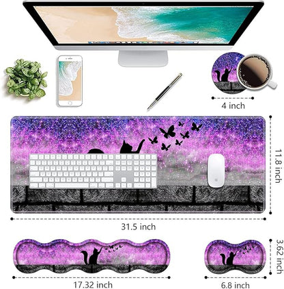 Ergonomic Keyboard Wrist Rest & Mouse Pad Wrist Rest Set, Large XXL Gaming Desk Mat 31.5"x 11.8" with Non-Slip Base, Memory Foam, Easy Typing Pain Relief for Home & Office, Black Cat and Butterfly
