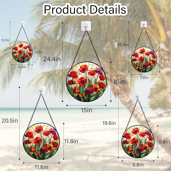 CRISGIF Stained Glass Window Hanging - Poppy Birth Flowers Suncatcher for Door Garden Yard Wildflowers Sun Catchers Decor Christmas Mother's Day Birthday Gifts for Women Mom Nana Friend 6.3 in