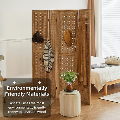 Asnefeli Pegboard Display Room Divider with 16 Hooks, 4 Panel 5.6Ft Wood Room Divider Folding Privacy Screen, Portable Freestanding Wall Organizer for Retail Craft Art Display Board, Natural