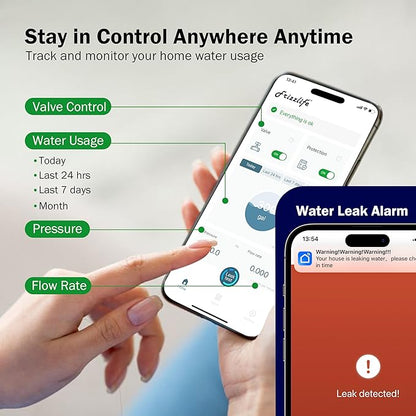 Frizzlife LP365-P 1.25-Inch Smart Water Monitor and Automatic Shutoff - 0.01GPM Ultrasonic Micro Leak Detection, APP Wi-Fi Remote Control,Pressure+Flow Monitoring, for 1-1/4-Inch Diameter Pipe
