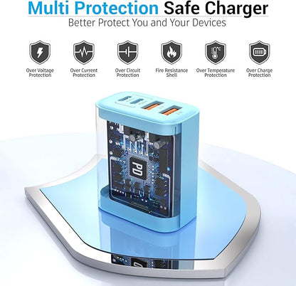 TT&C USB C Block 40W, 4 Ports Wall Plug Fast Charging Block, PD+QC Multiport Power Adapter USB C Charger Type C for iPhone 17, 17 Air, 17 Pro, 17 Pro Max, 16,15,14,13,12, Galaxy Phones (Blue 1Pack)