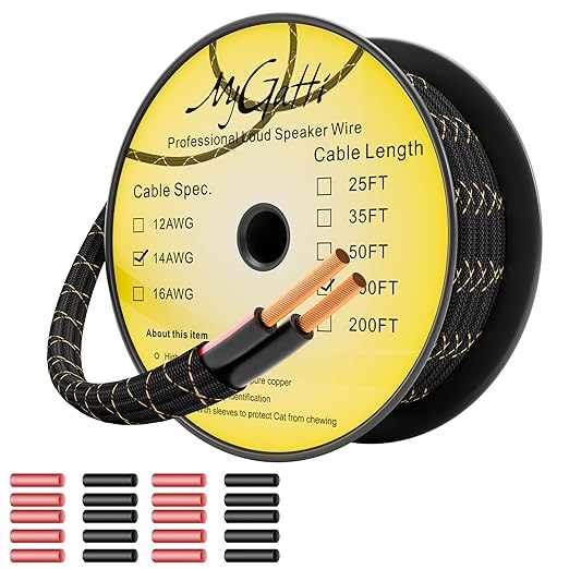 14/2 Speaker Wire 100 Feet, 14AWG Gauge Speaker Cable, Direct Burial, Durable Nylon Braided, in Wall, 2 Conductors, OFC Oxygen-Free Copper, for Car Audio Stereos, Home Theater, Surround Sound, Radio
