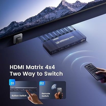 4x4 HDMI Matrix Switch 4K 30Hz, 4 in 4 Out HDMI Switch with Remote Supports HDR, 3D, HDMI 1.4, HDCP 1.4, Downscaler 4K & 1080P, 4 Way HDMI Splitter Switch for Fire TV Stick, Xbos, PS4/5