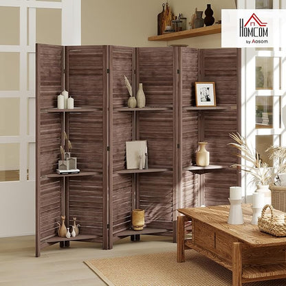HOMCOM Room Divider, 6 Panel 67" Tall Wood Privacy Screen with 3 Display Shelves, and Folding Storage for Bedroom or Home Office, Walnut