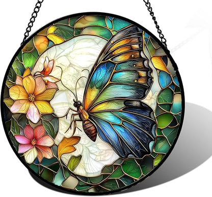DASTOLL Stained Glass Window Hanging, Butterfly Flower Sun Catchers Diamond Glass Panel Hangings Insect Suncatcher Decor for Birthday for Women, Men, Wife, Aunt, and Mom 6.3 in